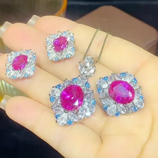 Luxury Brazilian Fuchsia Gemstone Pendant Necklace Earring Ring Iced Blue CZ Zircon Flower Wedding Fashion Jewelry Set for Women