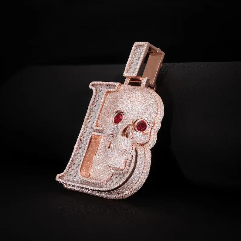 BiG-BOSS Iced Out Letter B Skull Pendant Sterling Silver Moissanite Custom Red Eye Design Luxury Hip Hop Statement Jewelry for Men Party