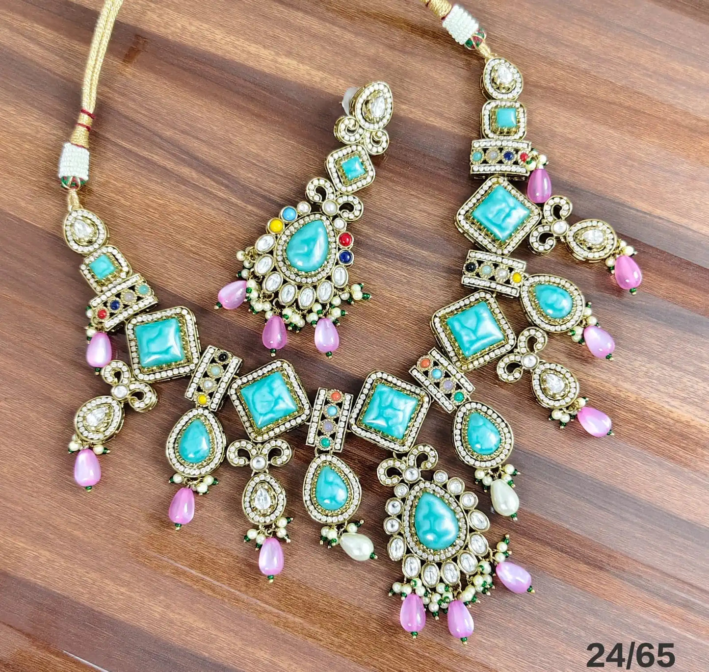 Luxury Turquoise Pink Kundan Necklace Set with Statement Earrings Traditional Bridal Party Wear Designer Jewelry Collection Set