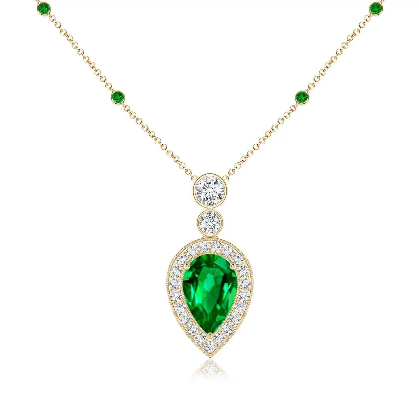18K Solid Inverted Pear Cut Natural IGI Certified Claw Sett 0.85 Ctw Emerald Pendant With 0.21Ctw Accented Pave Diamond Pendant