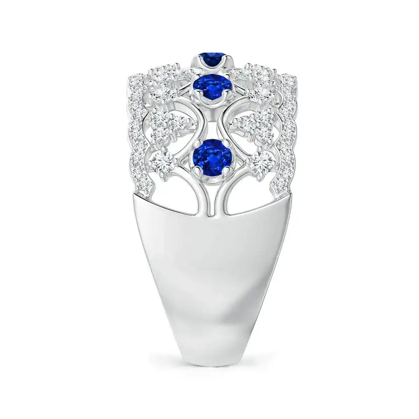 14K Solid Gold Art Deco Inspired Sapphire Broad Filigree Ring Handmade Customized Fine Jewelry Wedding Engagement & Party Wear