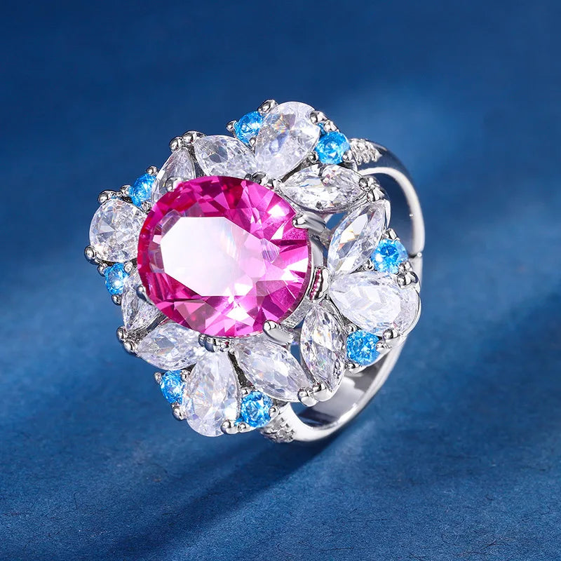 Gemfiori Fashion Red Sapphire Jewelry Set Flower Halo with Blue White CZ Pendant Necklaces Ring Earring Luxury Multi-Color Jewelry Gifts