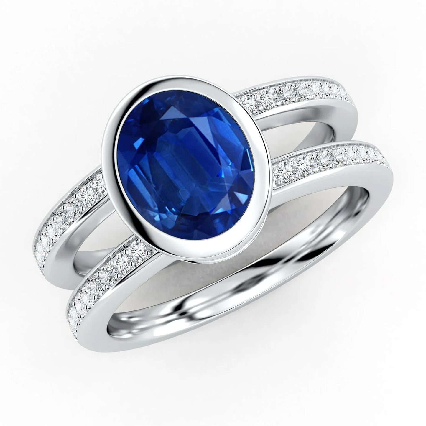 14K Gold Bezel-Set Oval Cut Natural Blue Sapphire Dual Shank Ring with Pave Accent Diamond Customized Jewelry Engagement Ring