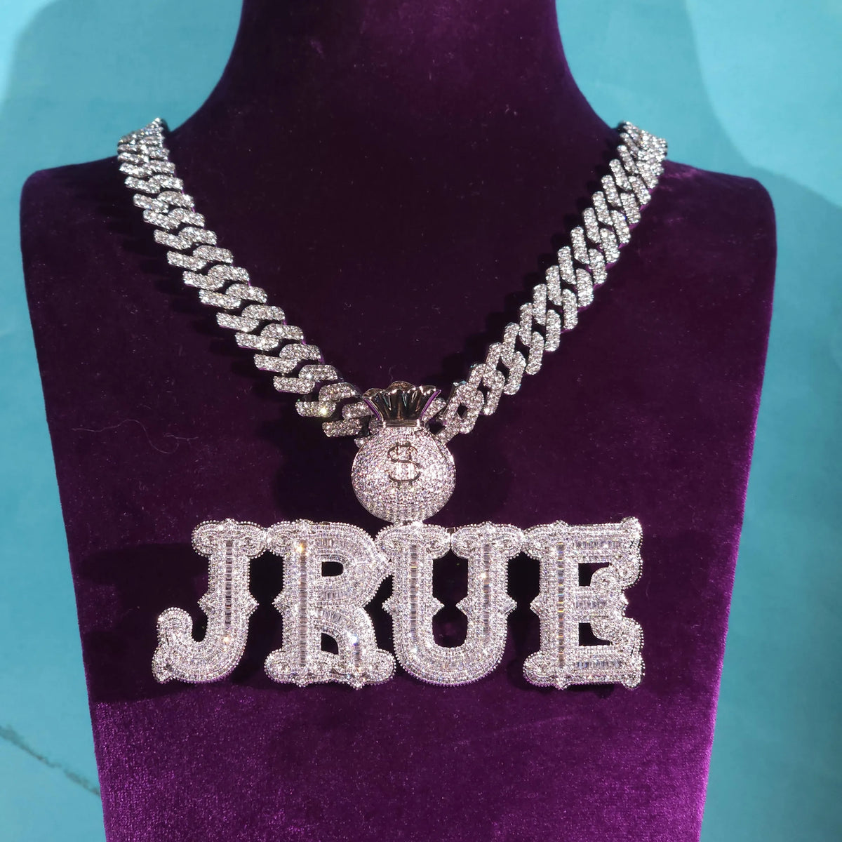 BiG-BOSS Icy Luxury Hip Hop Money Bag Bail Custom Name Men's Silver Plated Cuban Chain Iced Cushion Cut Moissanite Letter Pendants