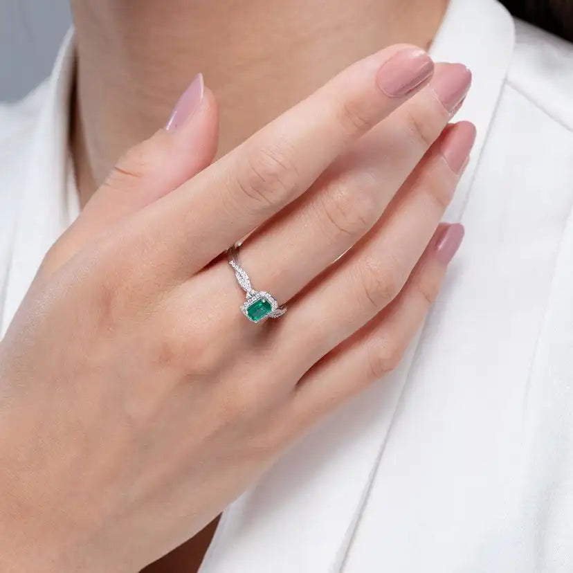 14K Solid Gold Emerald-Cut Emerald Halo Twisted Shank Ring Handmade Customized Fine Jewelry Wedding Engagement & Party Wear