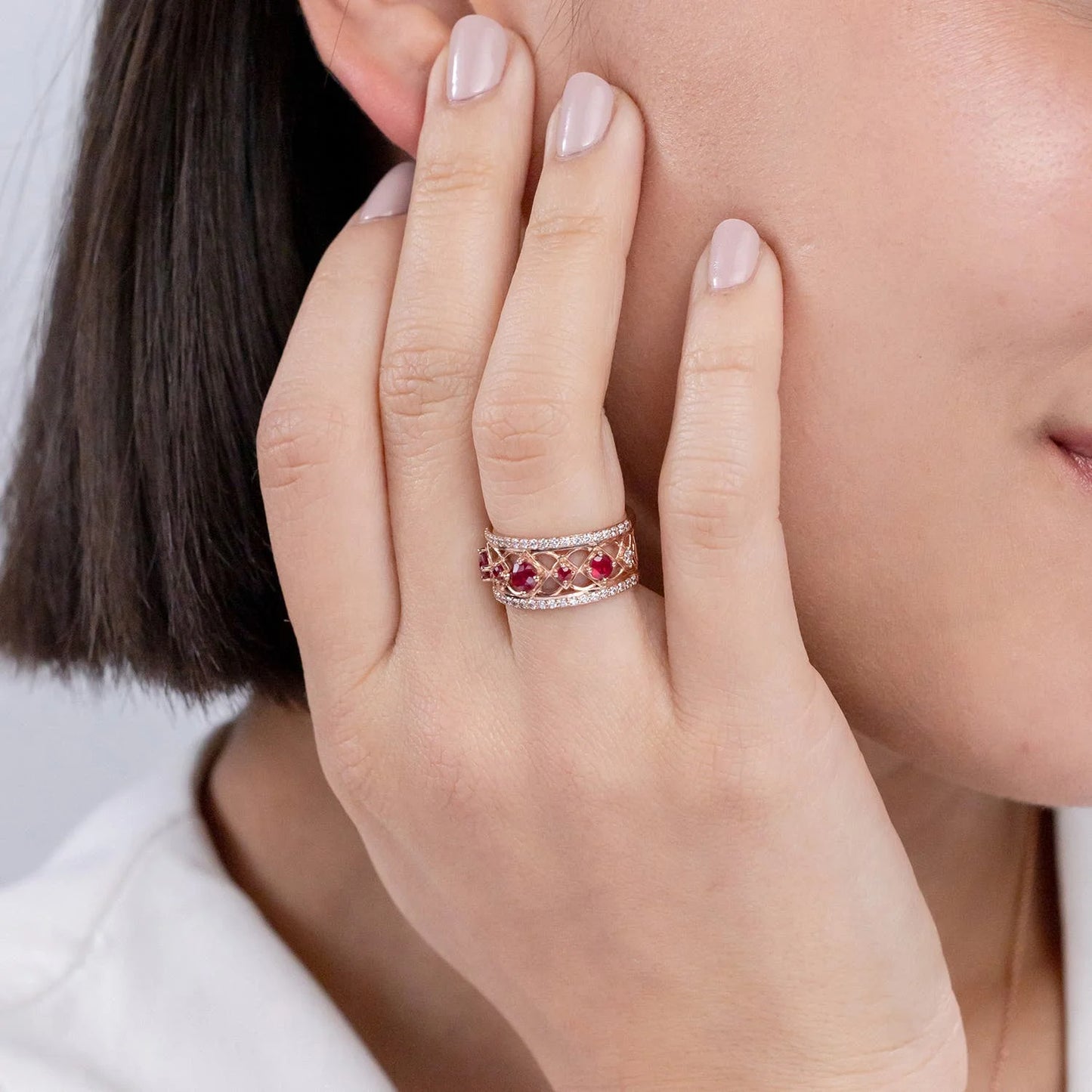 14k Solid Gold Art Deco Designer Ring Classic Engagement Cluster Ring Art Deco Inspired Graduated Ruby and Diamond Ring OEM