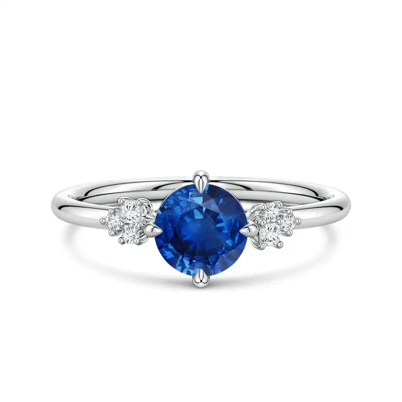 Round Blue Sapphire Engagement Ring with Mixed Cut Diamonds Handmade Customized Fine Jewelry Wedding 14K Solid Gold
