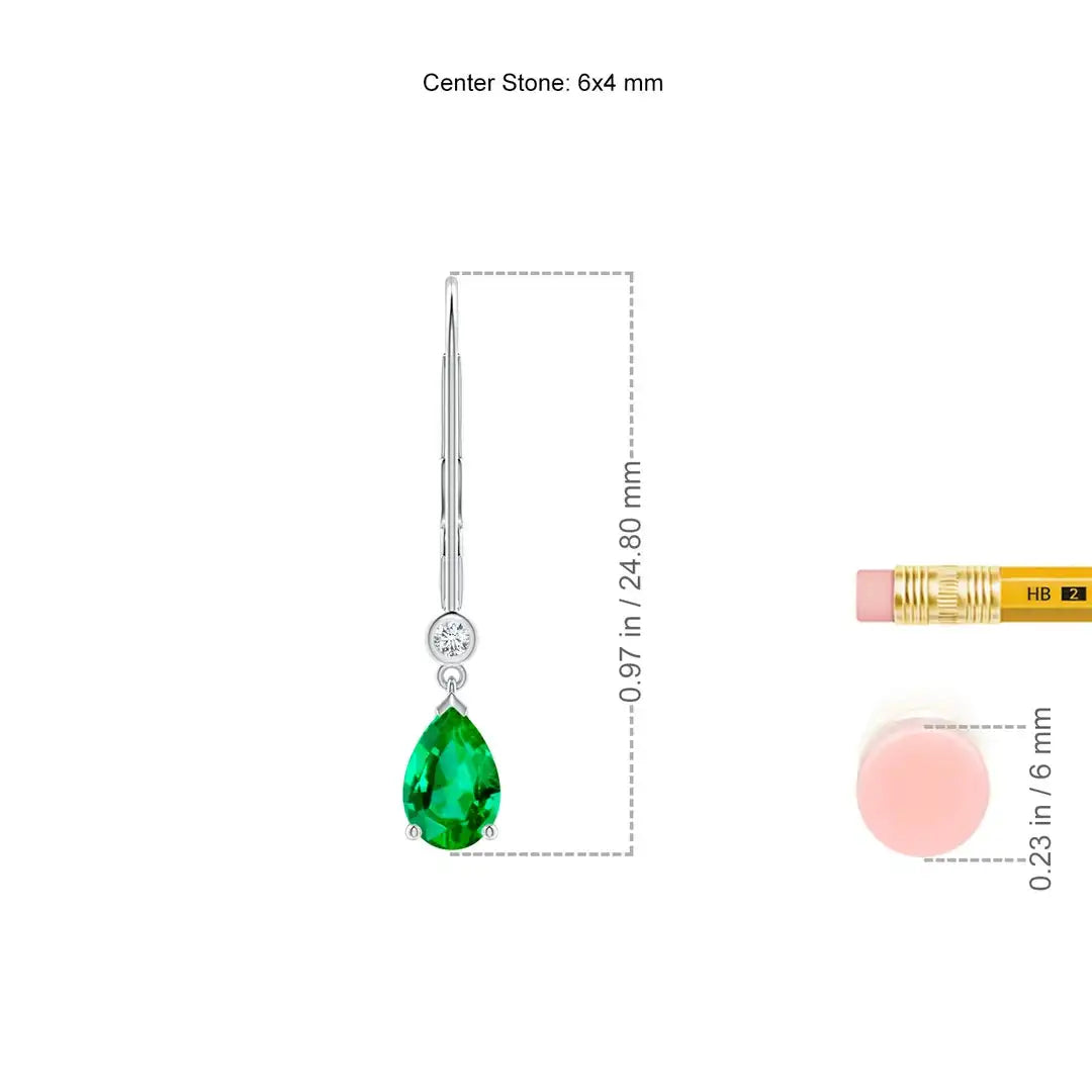 14kt White Gold Pear Cut Emerald Dangle Earrings with Diamond Accent Leverback Design Fine Bridal Jewelry