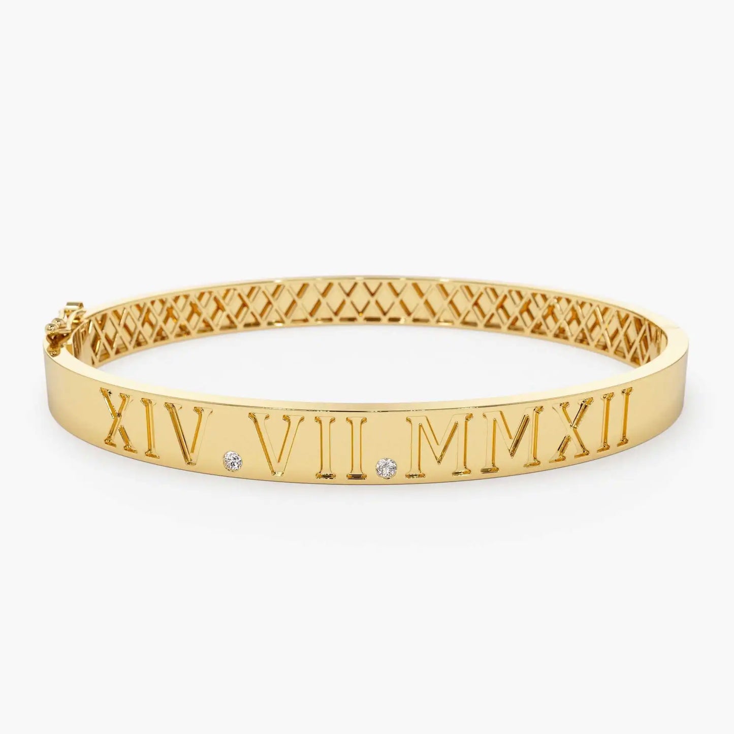 Luxury 14K Solid Gold Roman Numeral Bangle Bracelet Fine Jewelry 0.03 CTW 2 Diamond Female Charm Bangle Bracelets Ready To Ship