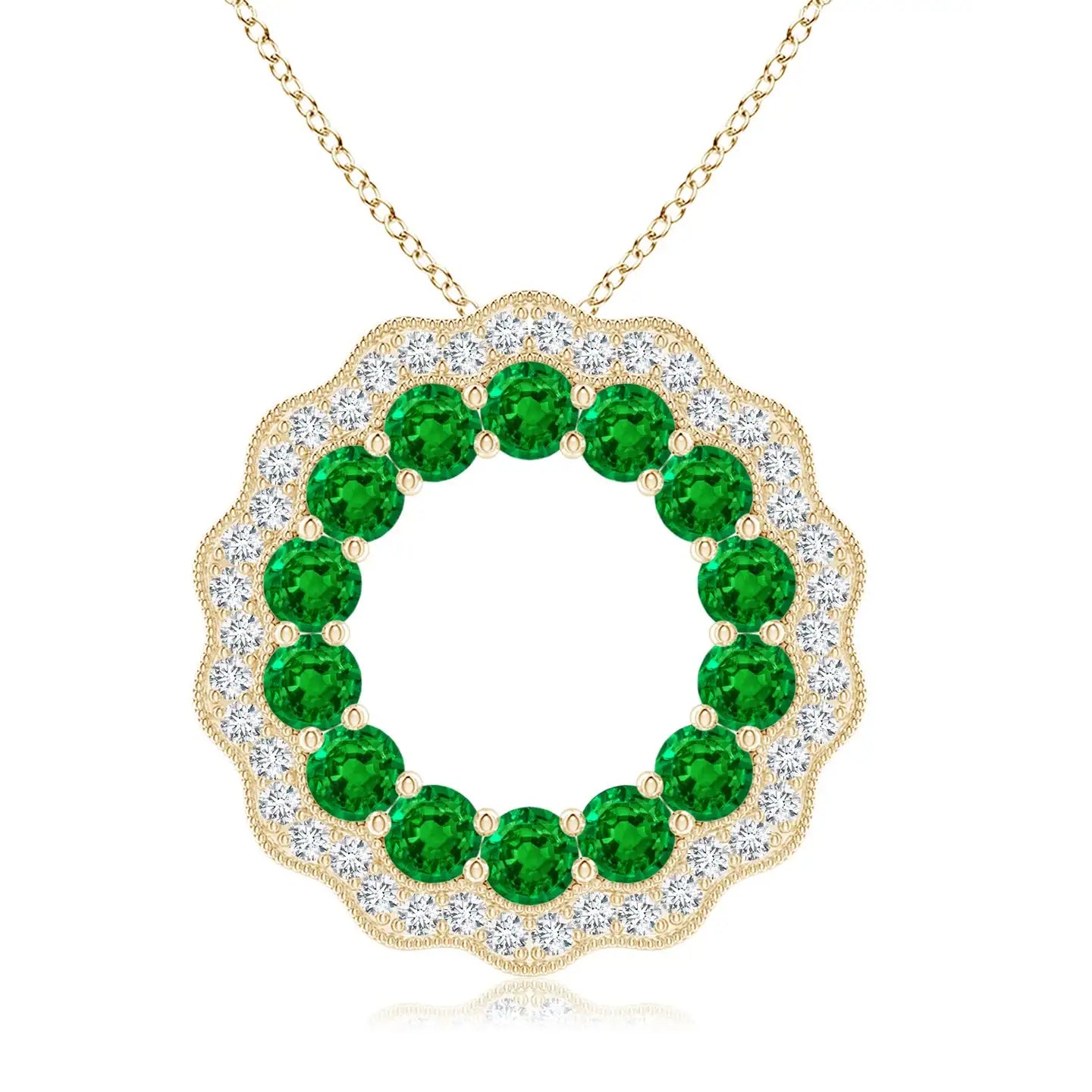 14k Pure Gold Emerald & Diamond Floral Circle Pendant High Quality Customized Handmade Beautiful Round Cluster Pendant Necklace