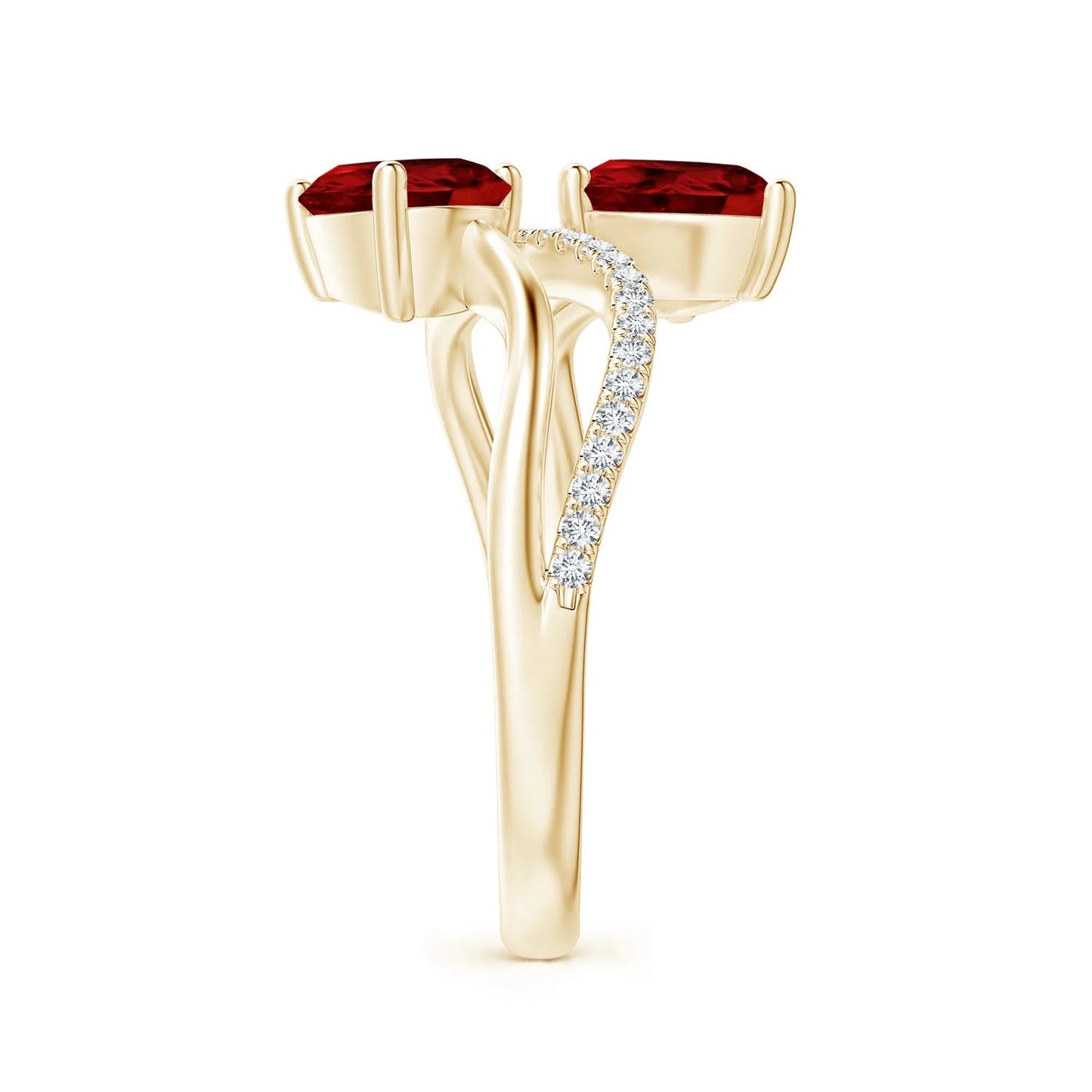 14K Solid Gold Pear-Cut Natural Red Garnet Gemstone Two-Stone Bypass Ring Top Quality Garnet With Pave Diamond Dual Shank Ring