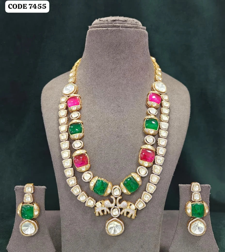 Premium Designer Green Pink Kundan Necklace Set Gold Plated Elephant Pendant Bridal Wedding Party Wear Jewelry Wholesale India