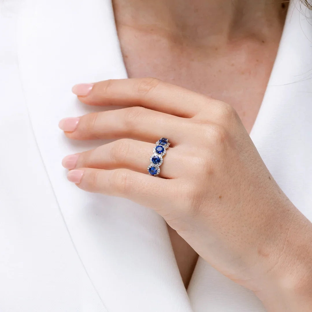 2026 New Arrival 14K Solid Gold Five-Stone Natural Blue Sapphire & Diamond Half Eternity Halo Ring Top Quality Wedding Ring RTS