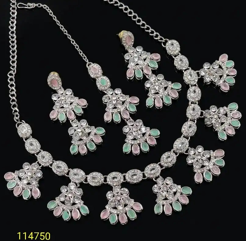 Luxury Silver Plated Pastel CZ Floral Necklace Set with Earrings & Women Bridal Wedding Party Wear Fashion Jewelry Set For Women