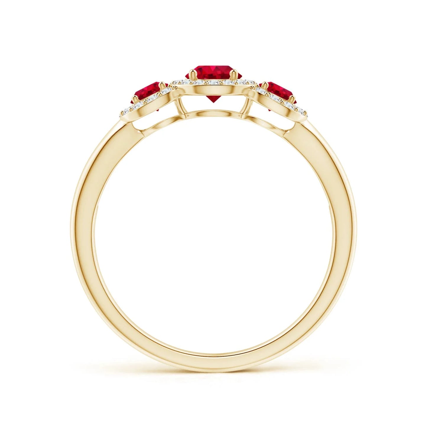 14K 18k Solid Gold Round Cut Ruby Three Stone Halo Engagement Ring with Accent Pave Diamonds Custom Handmade Fine Jewelry Ring