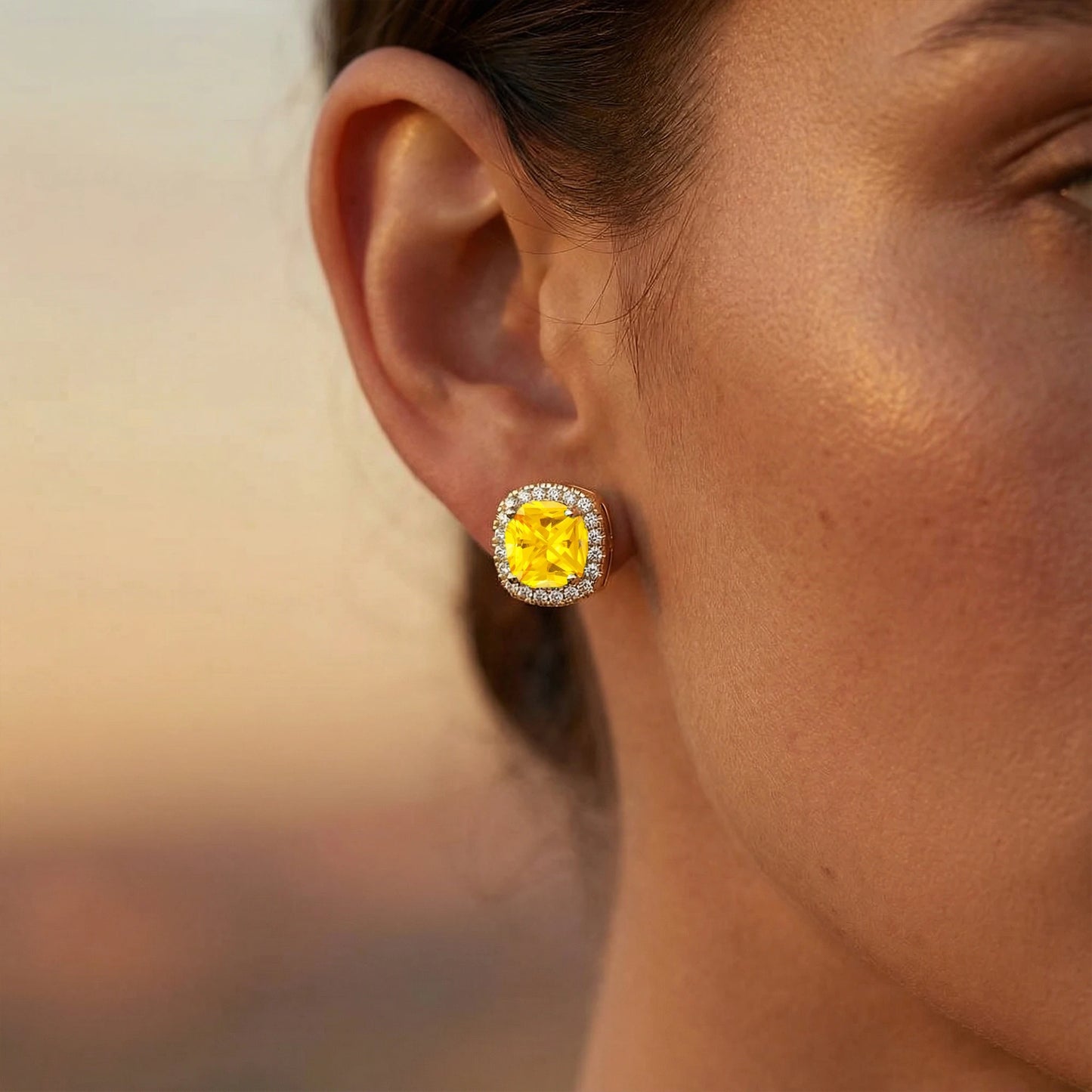 Lab Yellow Sapphire Gemstone Diamond Studs Earrings With Natural Diamonds Earrings Rhodium Plated Cute Wedding Jewelry Gift