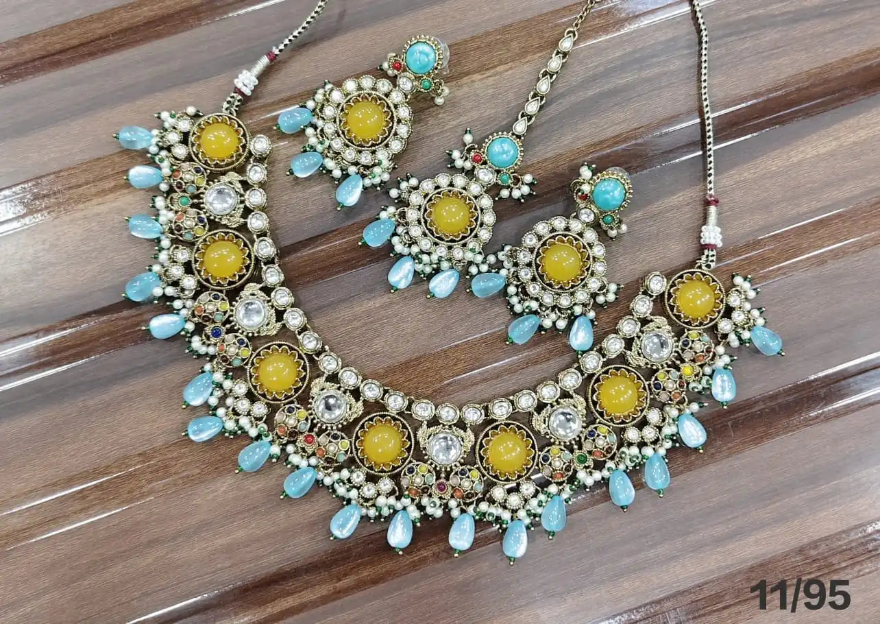 Luxury Antique Gold Plated Kundan Necklace Set with Ruby Mint Green Beads, Earrings, Maang Tikka Bridal Wedding Jewelry Set