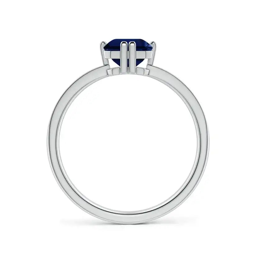 14K Solid Gold Emerald-Cut Blue Sapphire Engagement Ring with Double Flat Prongs Handmade Customized Fine Jewelry Wedding