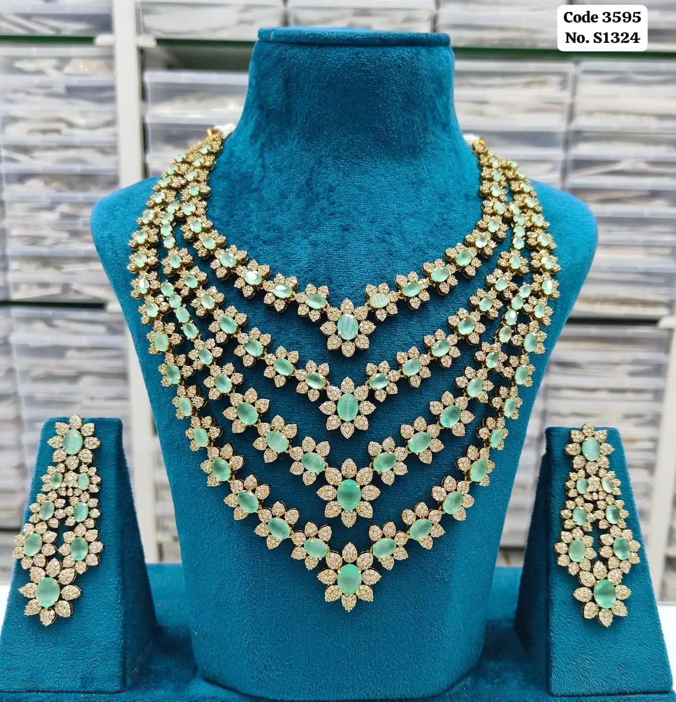 Elegant Emerald Green & AD Accented Multi-Tiered Step Necklace Set with Earrings Set For Women