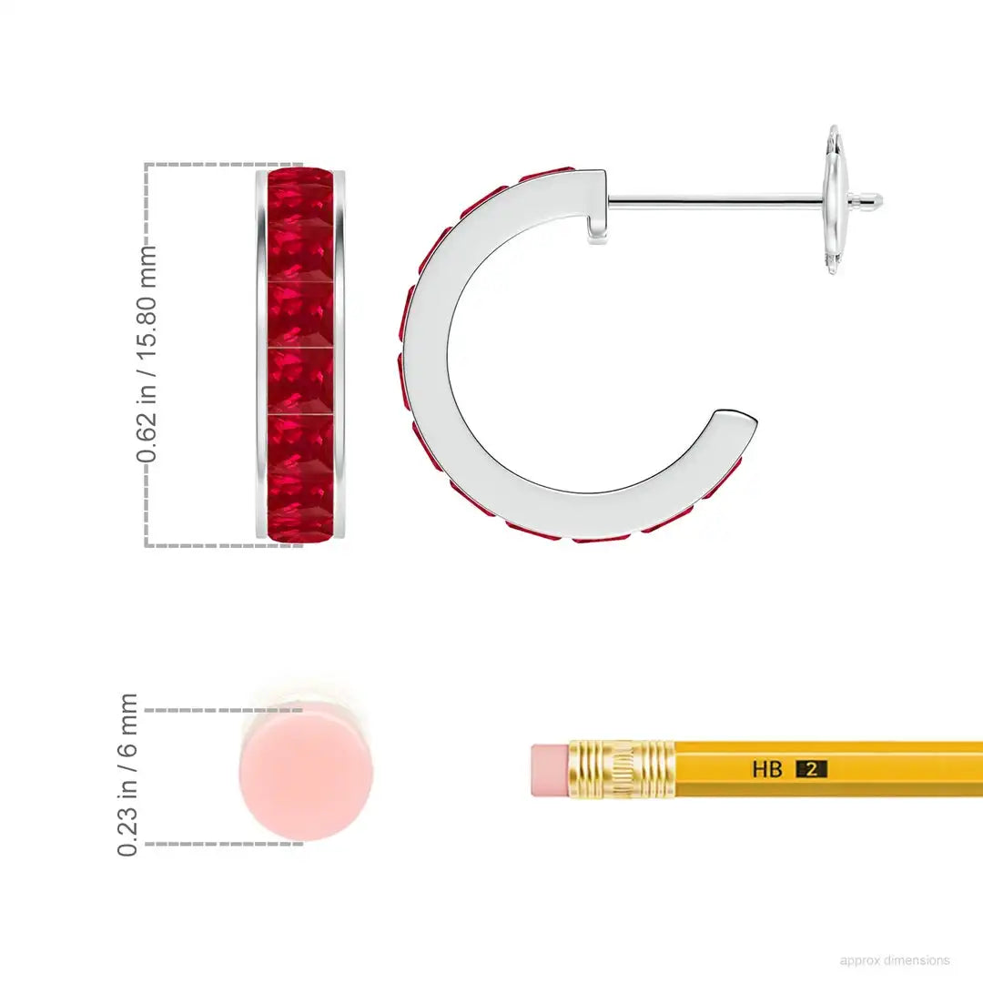 Ruby Hoop Earrings 14kt White Gold Channel Set Princess Cut Ruby Fine Jewelry Earrings for Women