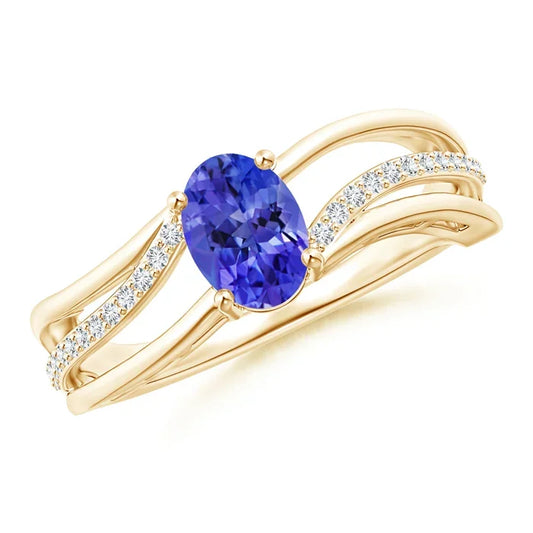 Top Quality 14K Pure Gold Solitaire Oval Cut Natural Tanzanite Bypass Ring with Diamond Accent Fine Jewelry Handmade Custom Ring