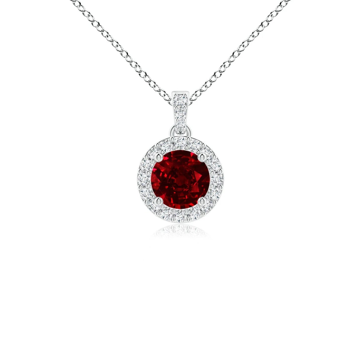 14K Solid Gold Round Cut 0.24Ctw Ruby Gemstone Dangle Pendant with 0.08Ctw Diamond Halo High Quality Pendant Link Chain Necklace
