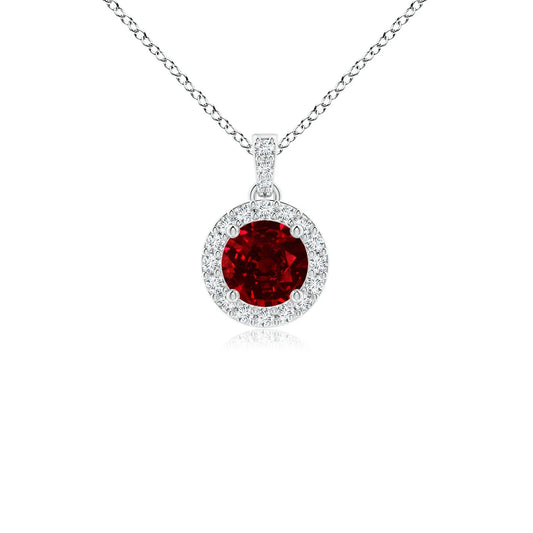 14K Solid Gold Round Cut 0.24Ctw Ruby Gemstone Dangle Pendant with 0.08Ctw Diamond Halo High Quality Pendant Link Chain Necklace