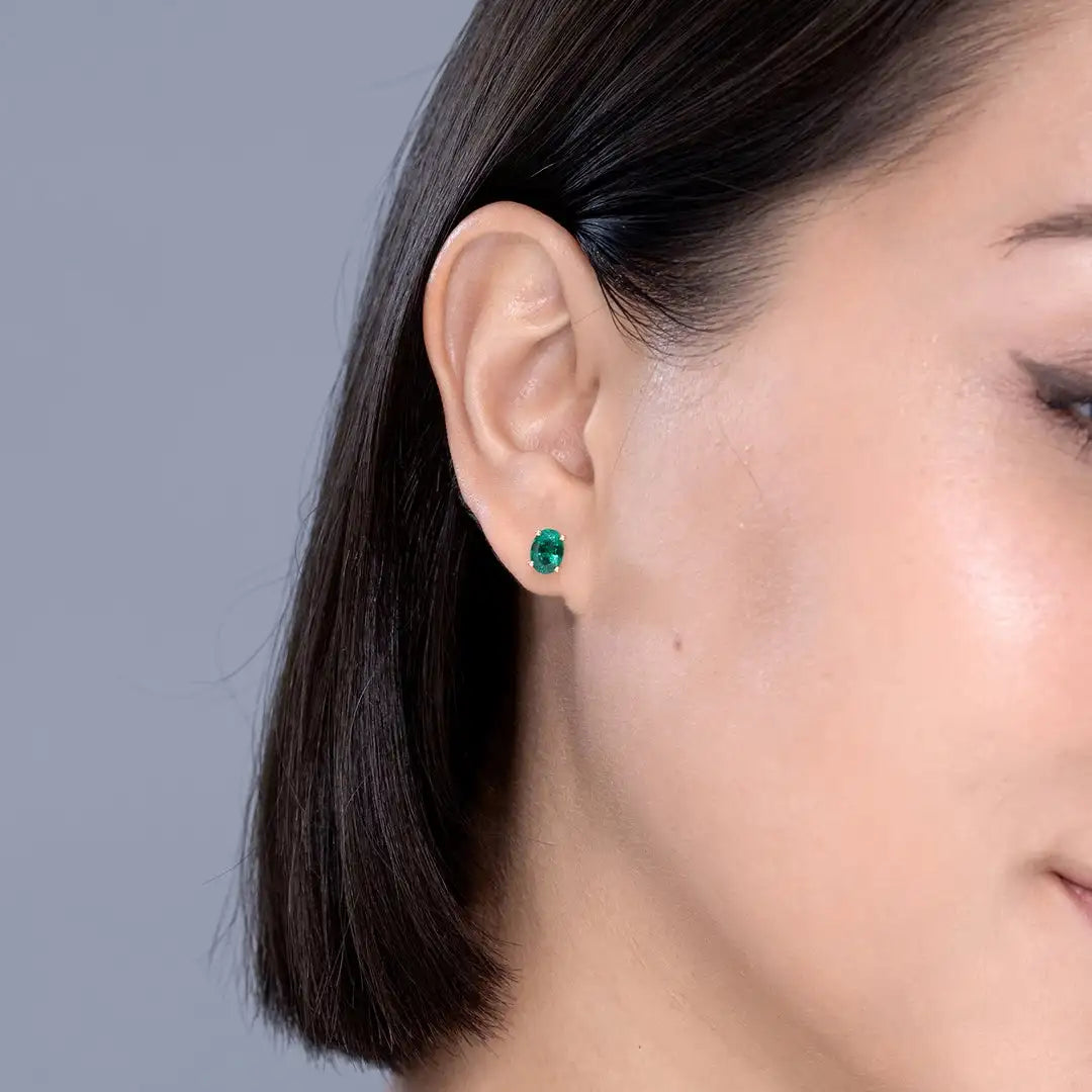 Classic Oval Emerald Stud Earrings in 14kt Yellow Gold with Minimalist Four Prong Basket Setting Gift for Girlfriend