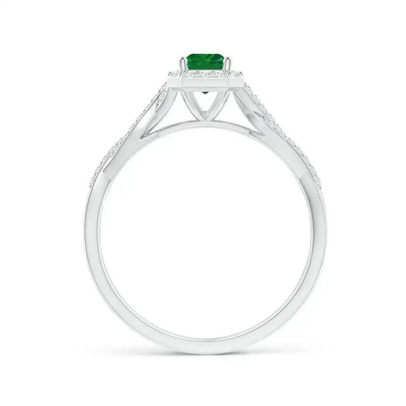 14K Solid Gold Emerald-Cut Emerald Halo Twisted Shank Ring Handmade Customized Fine Jewelry Wedding Engagement & Party Wear