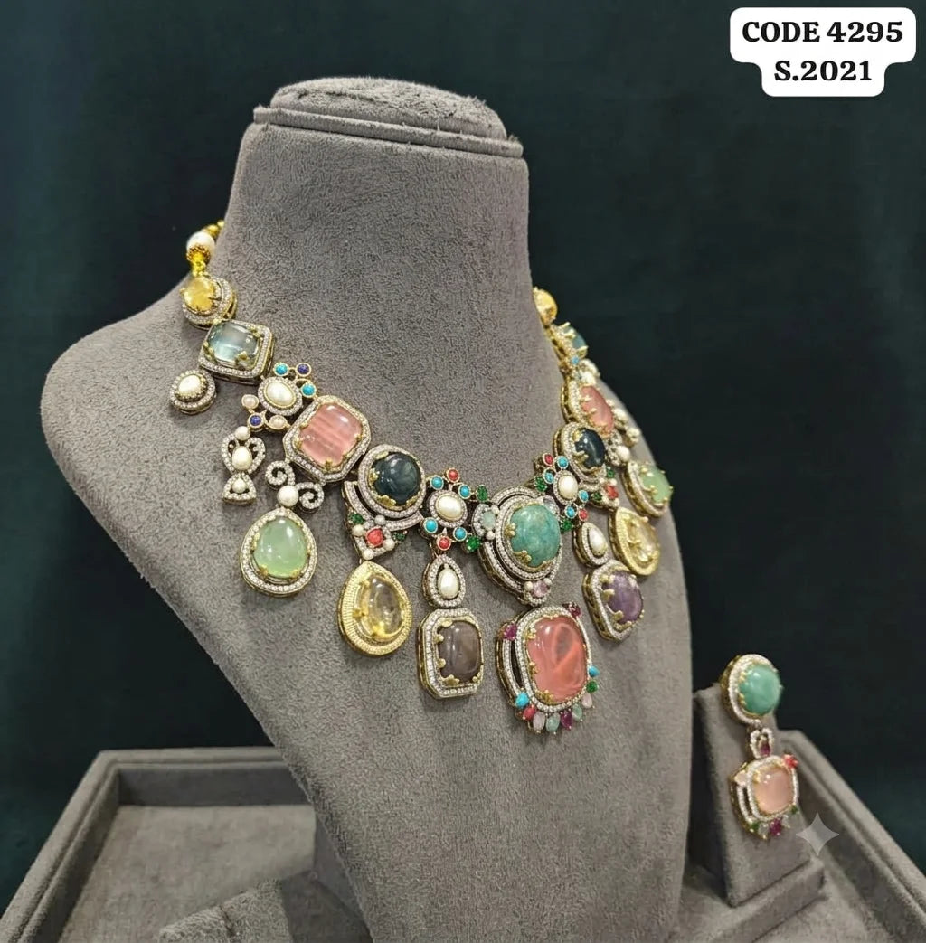 Elegant Multi-Color Gemstone & AD Accented Royal Statement Necklace Set Antique Gold Plated Necklace Bezel Setting Bridal Set
