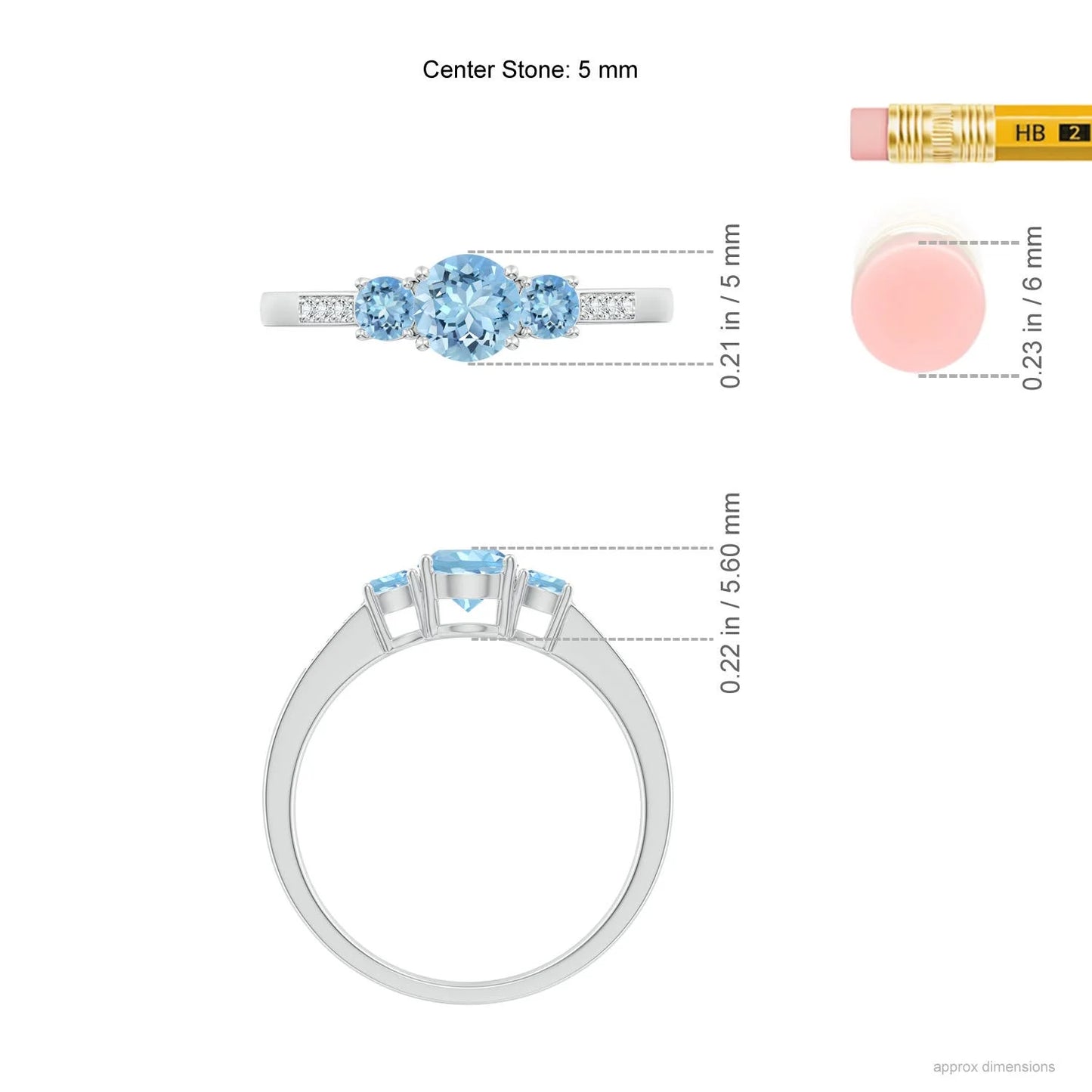 14K Gold Natural Round Brilliant Cut Aquamarine Three Gemstone Ring with Accent Diamond Band Top Selling Wedding Trilogy Ring