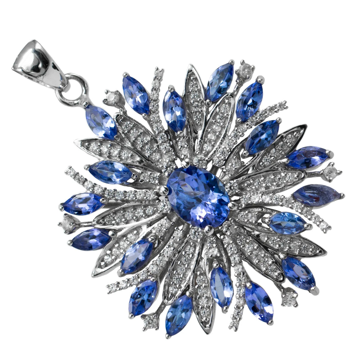 Exquisite 925 Sterling Silver Rhodium Blue Oval Gemstone Statement Pendant with Marquise Stones and Dazzling CZ Details