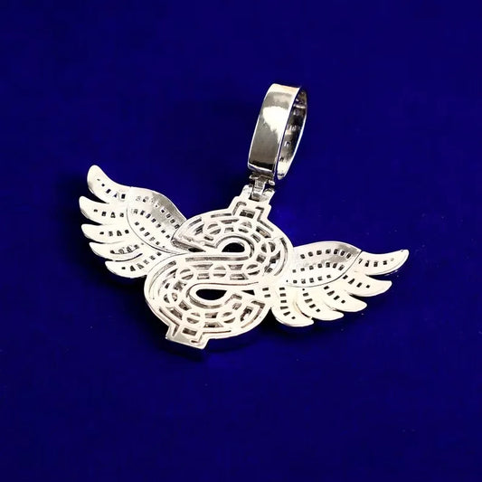 BiG-BOSS Iced Out Dollar Sign Wing Pendant Silver Plated Moissanite Hip Hop Jewelry for Men and Women Party Occasion