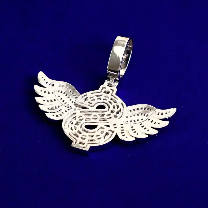 BiG-BOSS Iced Out Dollar Sign Wing Pendant Silver Plated Moissanite Hip Hop Jewelry for Men and Women Party Occasion