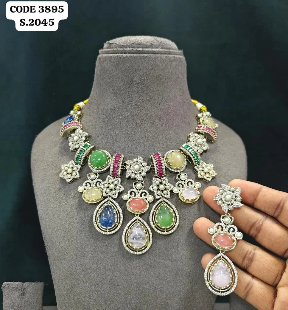 Luxury Antique Silver Finish Victorian Necklace Set with Green White Stones Designer Bridal Wedding Party Jewelry Set