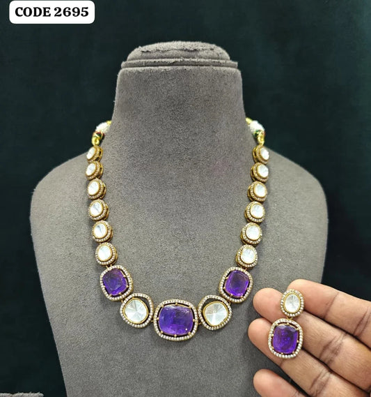 Lakshmi Elegant Royal Purple Cushion Cut Heritage Necklace Set Traditional Wedding Jewelry Statement Necklace Premium Designer Set