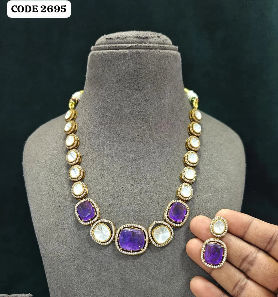 Elegant Royal Purple Cushion Cut Heritage Necklace Set Traditional Wedding Jewelry Statement Necklace Premium Designer Set