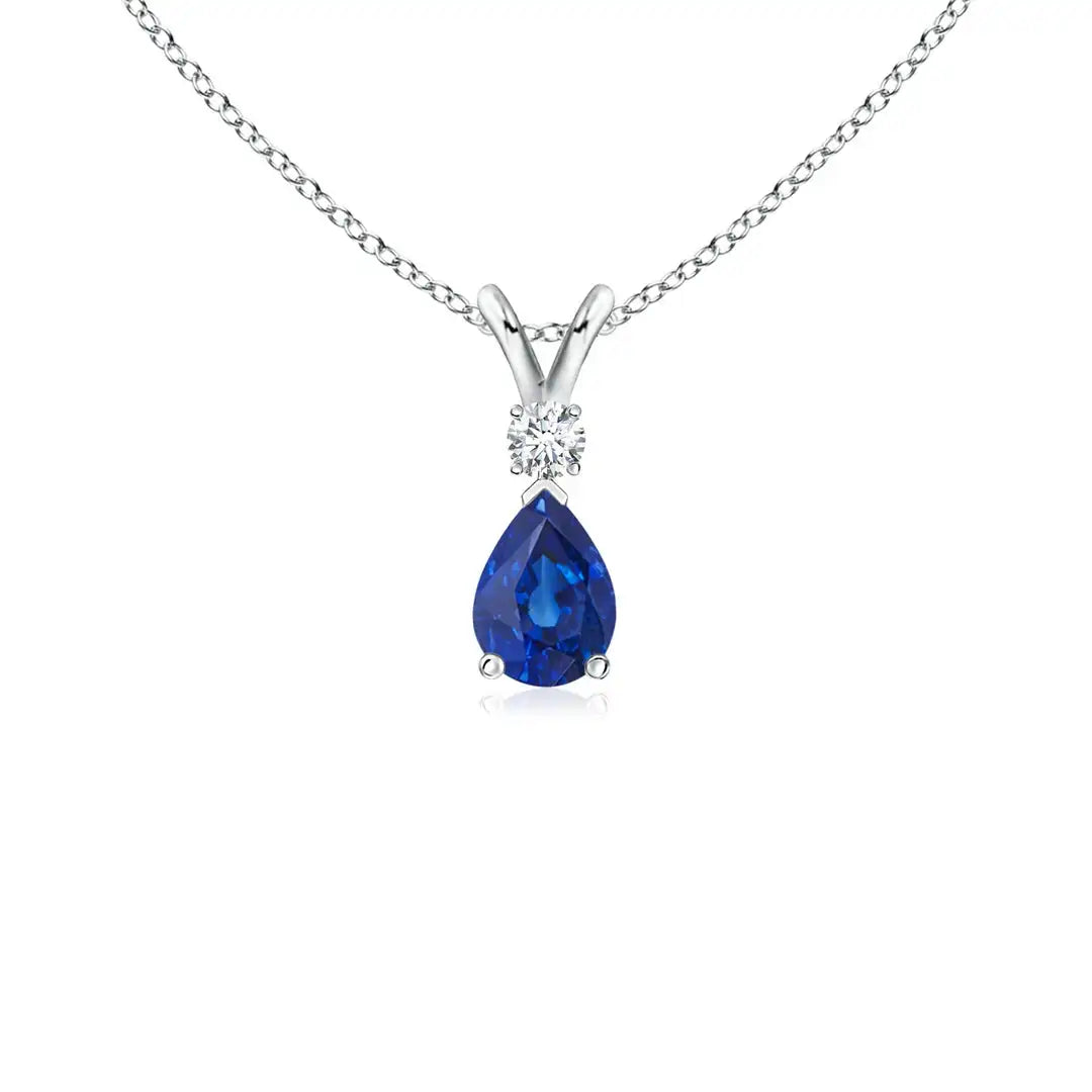 14k 18k Gold White Rose Gold Natural Blue Sapphire & Diamond V Bale Pendant Classic Fine Jewelry for Women Luxury Gift for Her