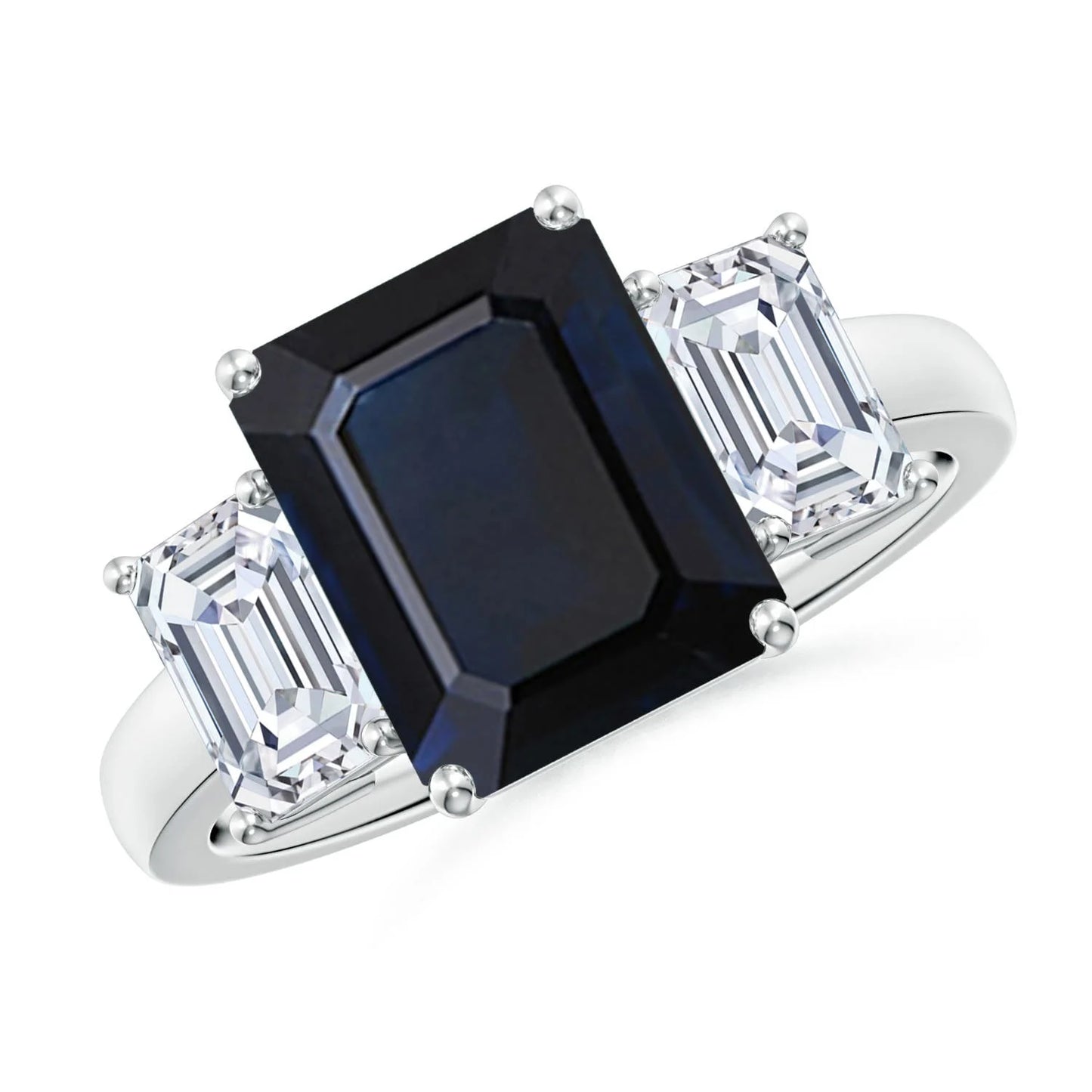 14k Solid Gold 9*7MM Emerald Cut Natural Blue Sapphire & Diamond Triple Stone Ring Elegant Fine Jewelry Trilogy Engagement Ring