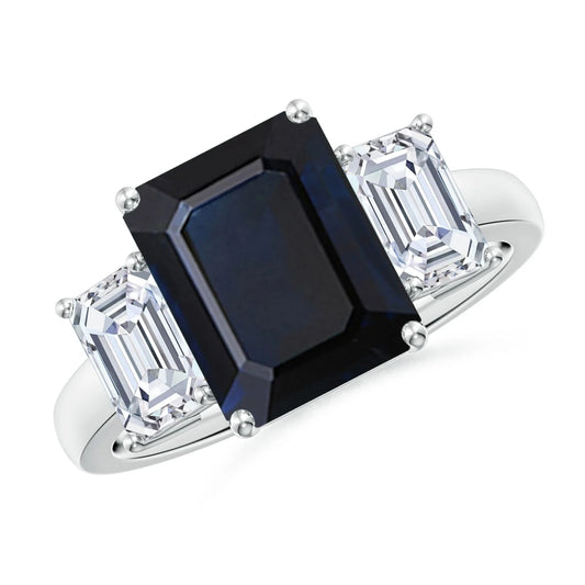 14k Solid Gold 9*7MM Emerald Cut Natural Blue Sapphire & Diamond Triple Stone Ring Elegant Fine Jewelry Trilogy Engagement Ring