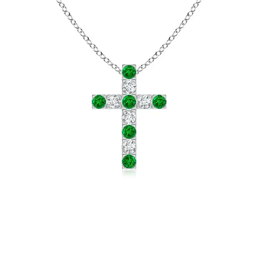 14K Pure Gold IGI Certified Cross Pendant Christmas Gift Flat Prong-Set 2MM 0.27Ctw Green Emerald & 0.18Ct Diamond Cross Pendant