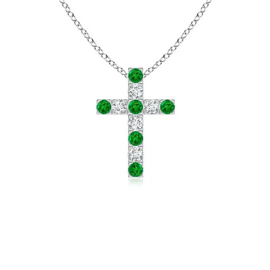 14K Pure Gold IGI Certified Cross Pendant Christmas Gift Flat Prong-Set 2MM 0.27Ctw Green Emerald & 0.18Ct Diamond Cross Pendant