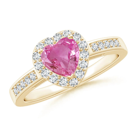 14K Pure Gold Heart-Cut Natural Pink Sapphire Halo Engagement Ring with Accents Diamond Luxury Romantic Bridal Engagement Ring