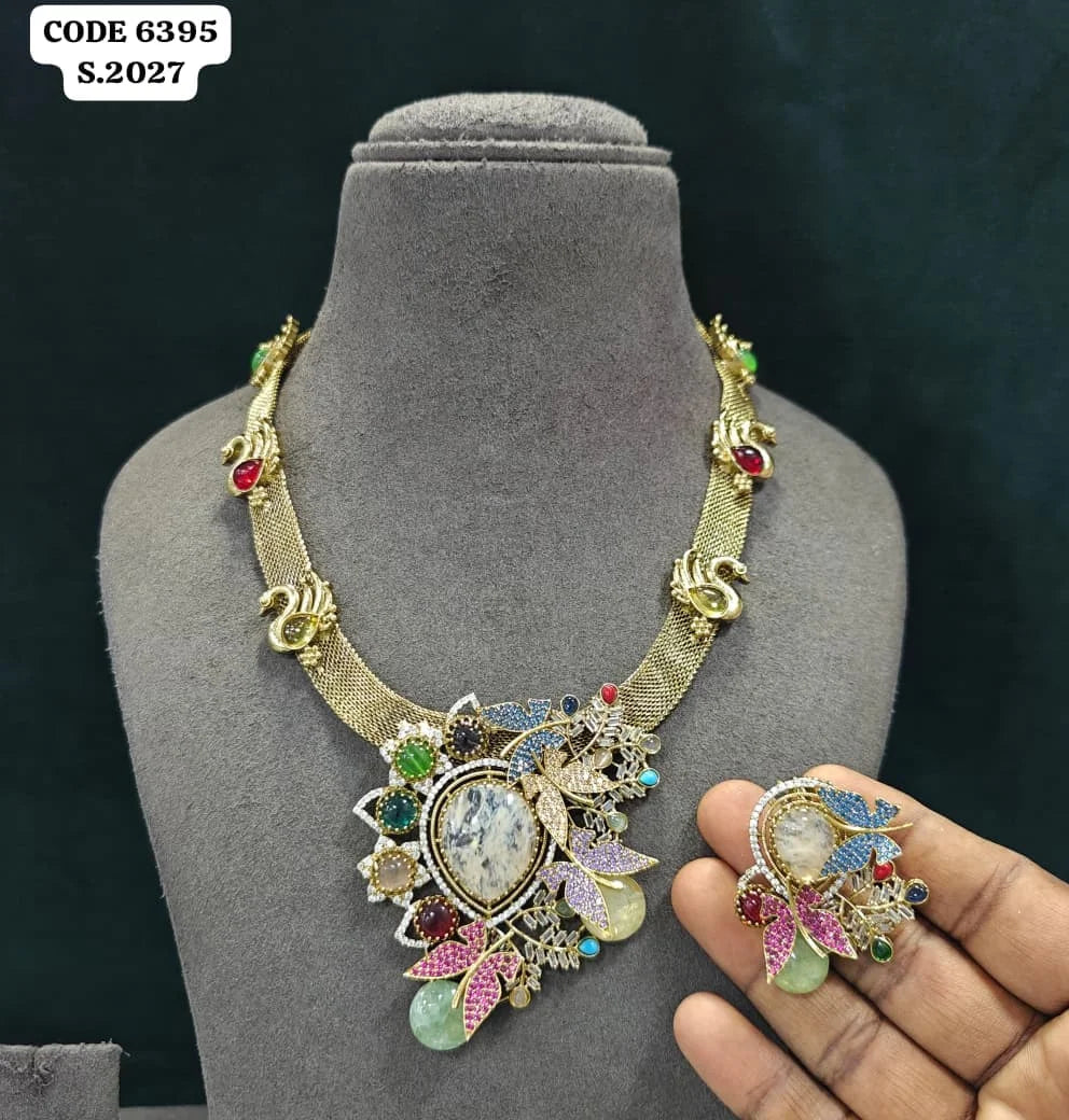 Luxury Royal Floral Peacock Emerald Pear Gemstones Statement Choker Necklace Earrings Set Premium Party Designer Costume Jewelry