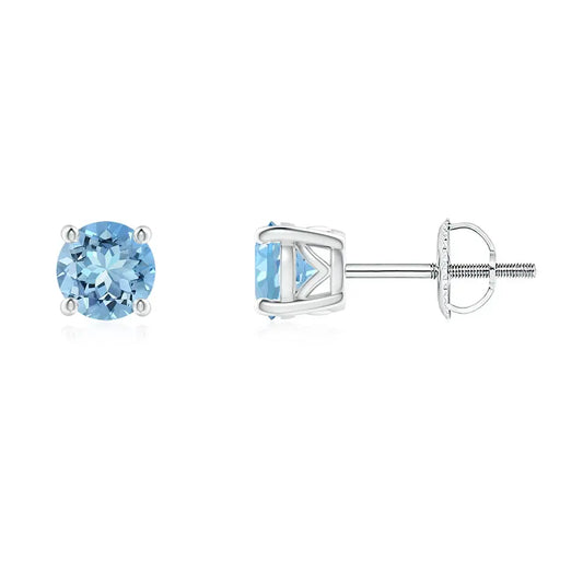 Solitaire Aquamarine Stud Earrings 14kt White Gold Dainty Blue Gemstone Screw Back 4 Prong Basket Fine Earrings Jewelry