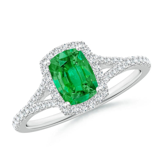 14k Pure Gold Prong Set Cushion Rectangular Cut Natural Green Emerald Halo Split Shank Engagement Ring Top Quality Handmade Ring