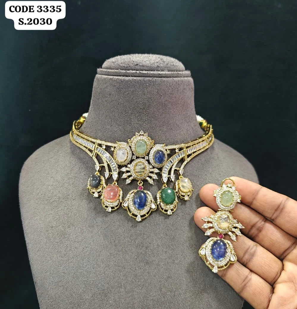 Luxury Multi Stone Bridal Choker Necklace Set for Women Wedding Party Designer Ethnic Jewelry Gift Collection Premium Set
