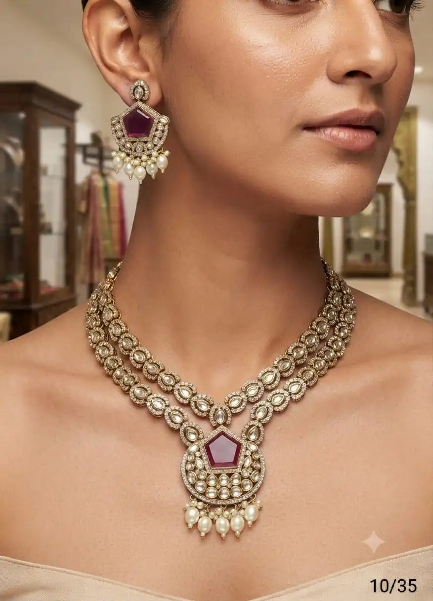 Traditional Antique Gold Plated Kundan Pearl Necklace Set with Ruby Stone Earrings Bridal Wedding Party Wear Jewelry Set For Wom