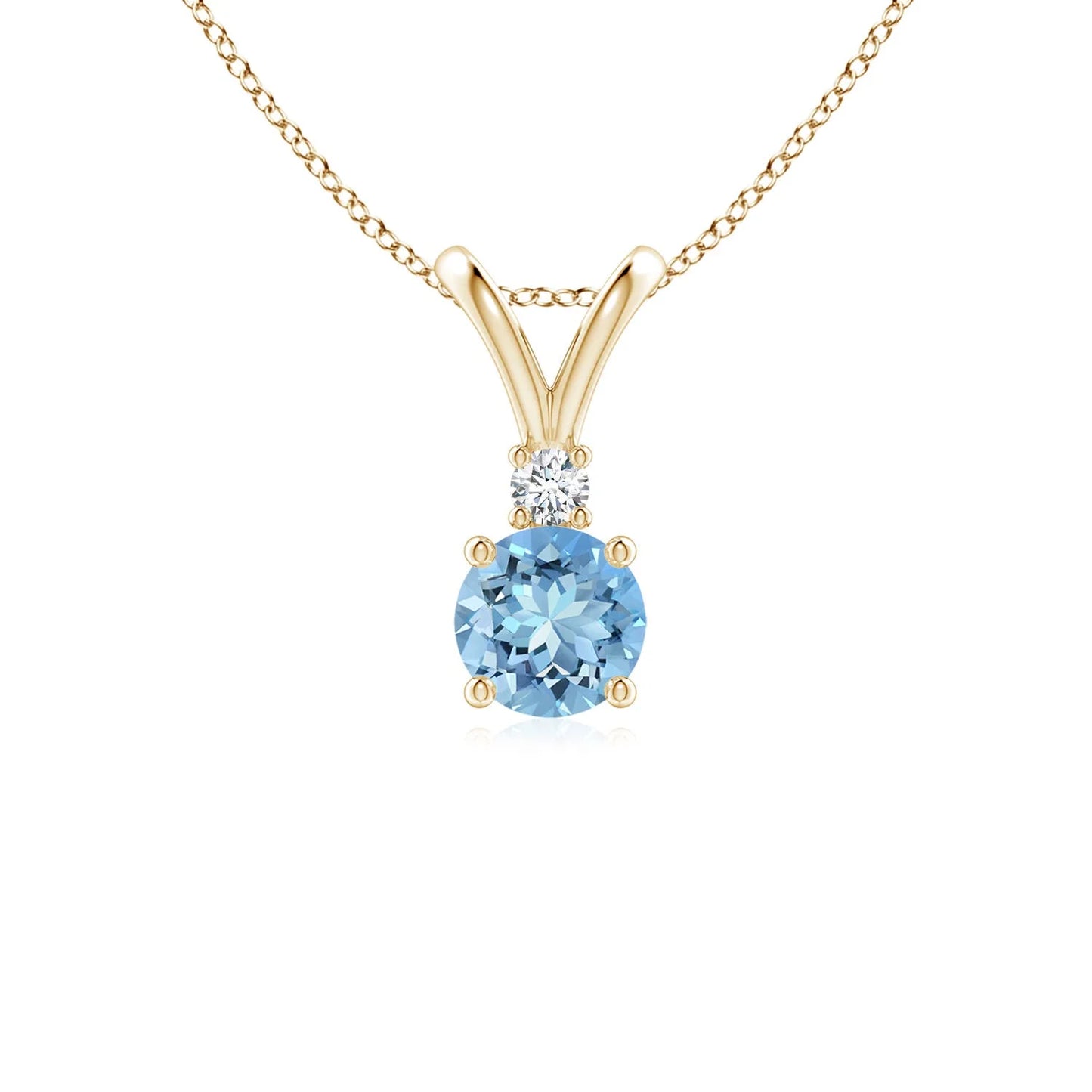 14K Real Gold IGI Certificate Round Aquamarine & Diamond Solitaire V-Bale Pendant 2026 Fashionable Link Chain Necklace For Women