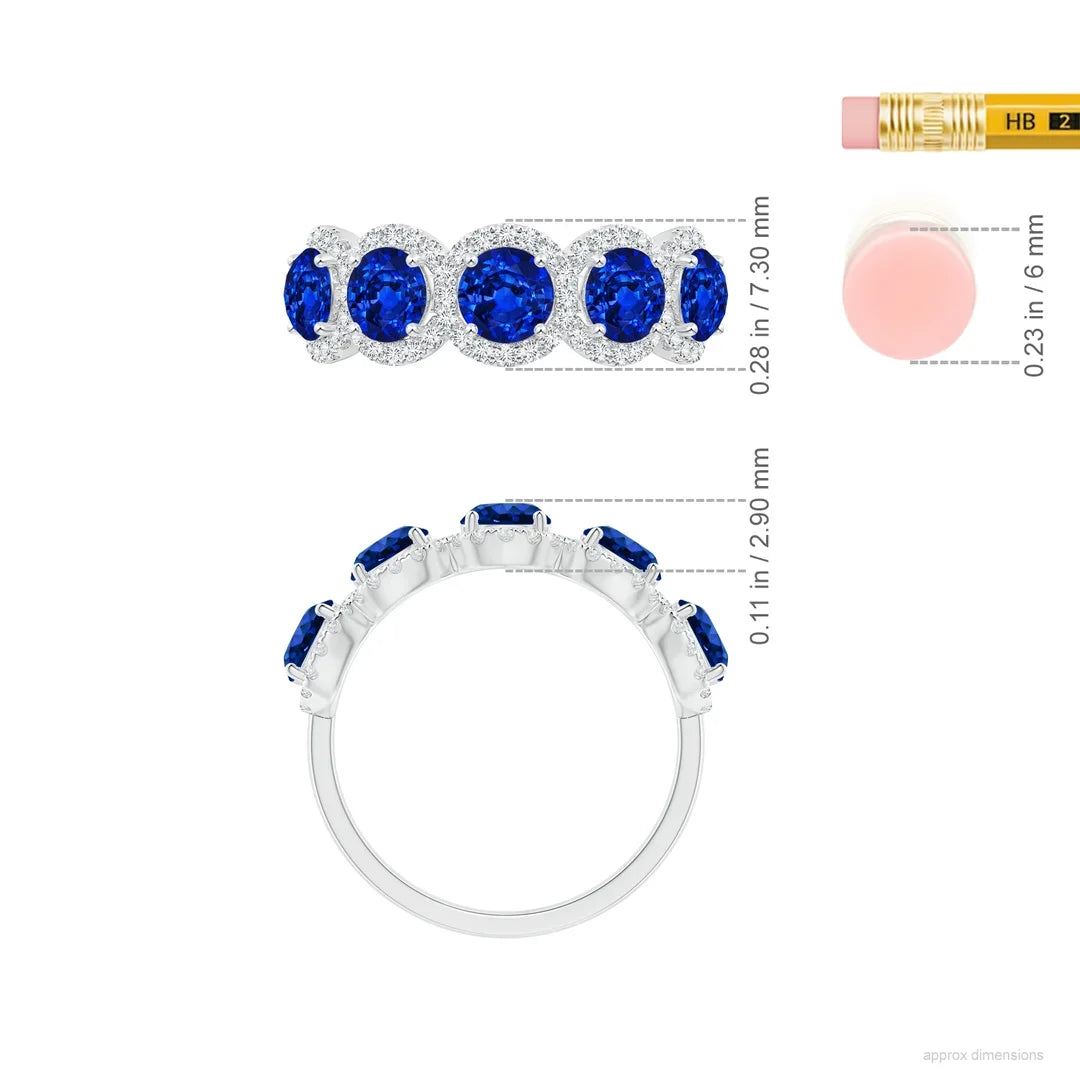 2026 New Arrival 14K Solid Gold Five-Stone Natural Blue Sapphire & Diamond Half Eternity Halo Ring Top Quality Wedding Ring RTS